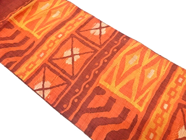 手織り紬　抽象模様織り出し　名古屋帯